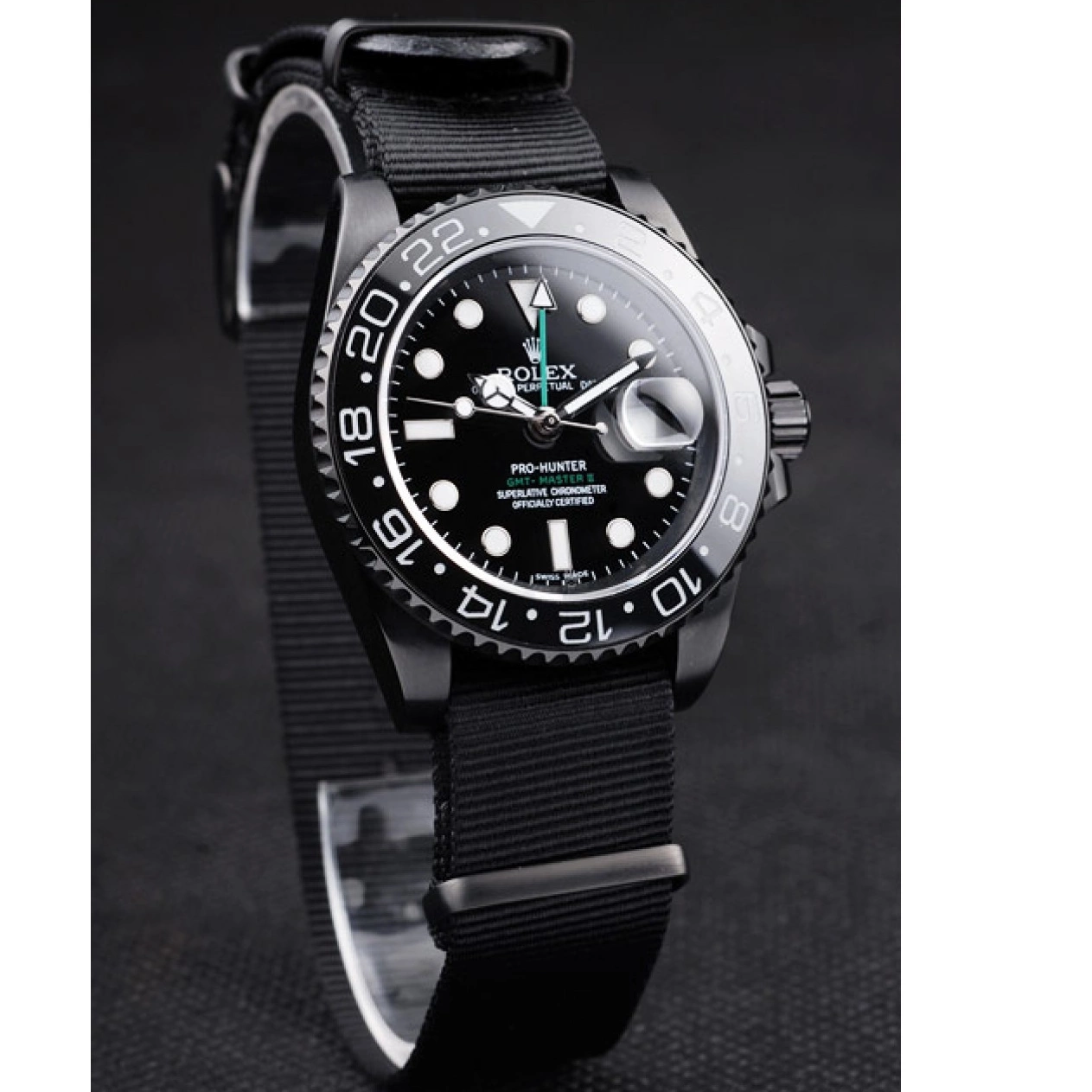 Aaa replica GMT Strap Fabric Swiss Black Rolex Master Dial Pro-Hunter II Black 0804